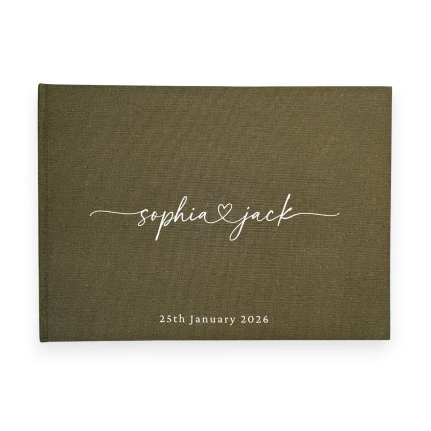 Moss green linen wedding guest book