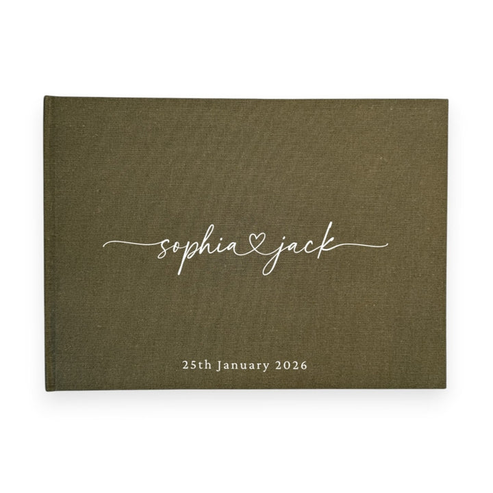 Moss green linen wedding guest book