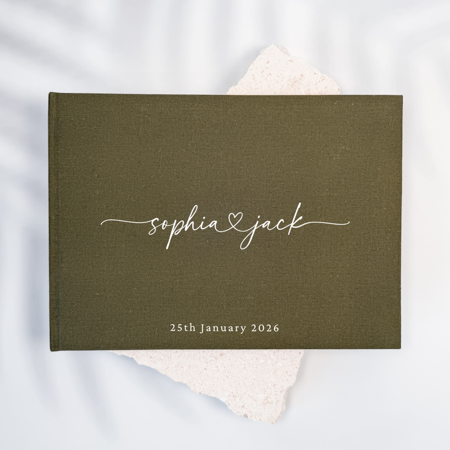Moss green linen wedding guest book