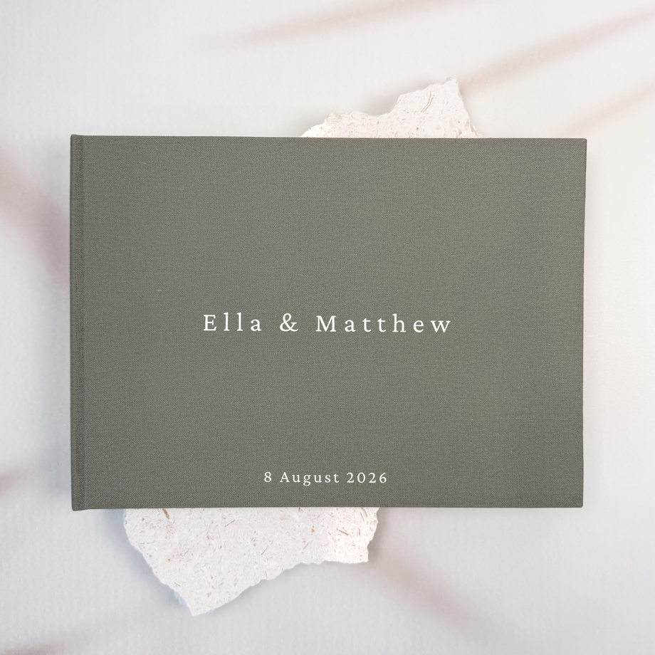 Moss green linen wedding guest book