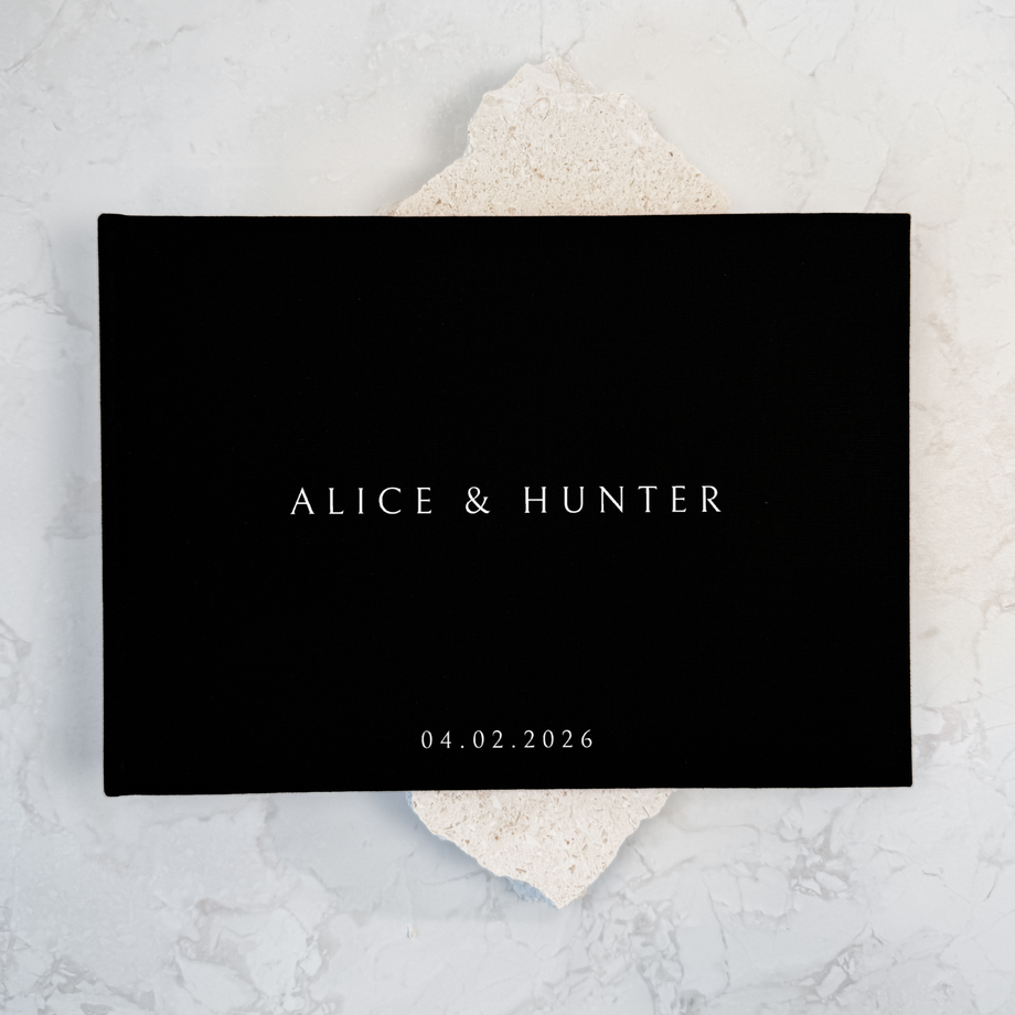 Black linen wedding guest book