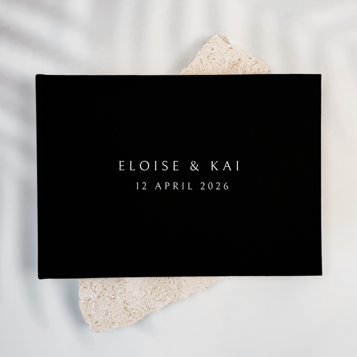 Black linen wedding guest book