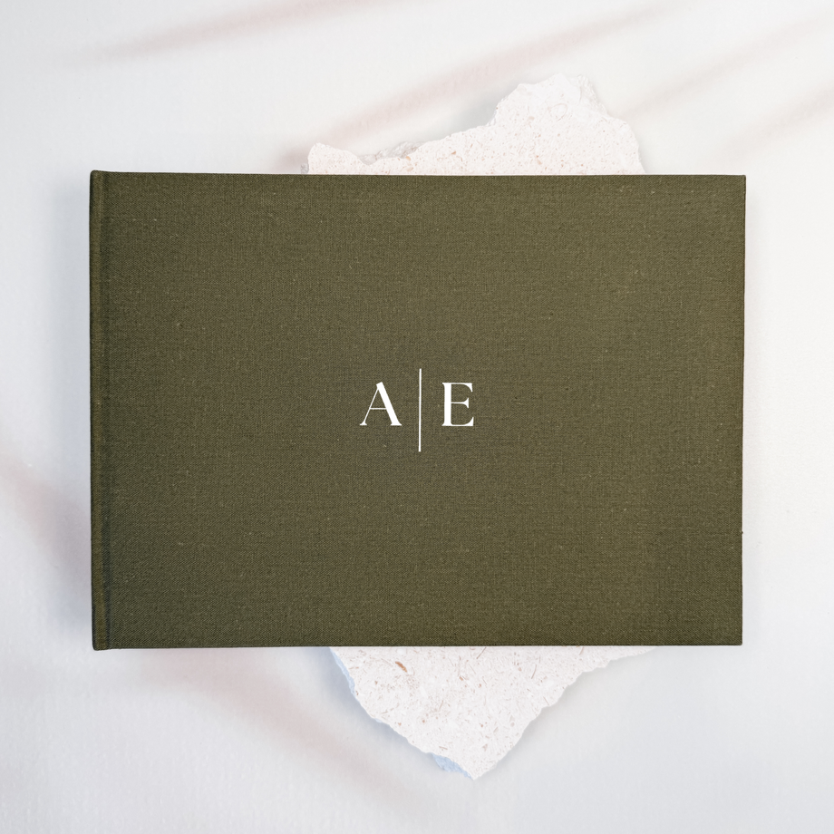Moss green linen wedding guest book