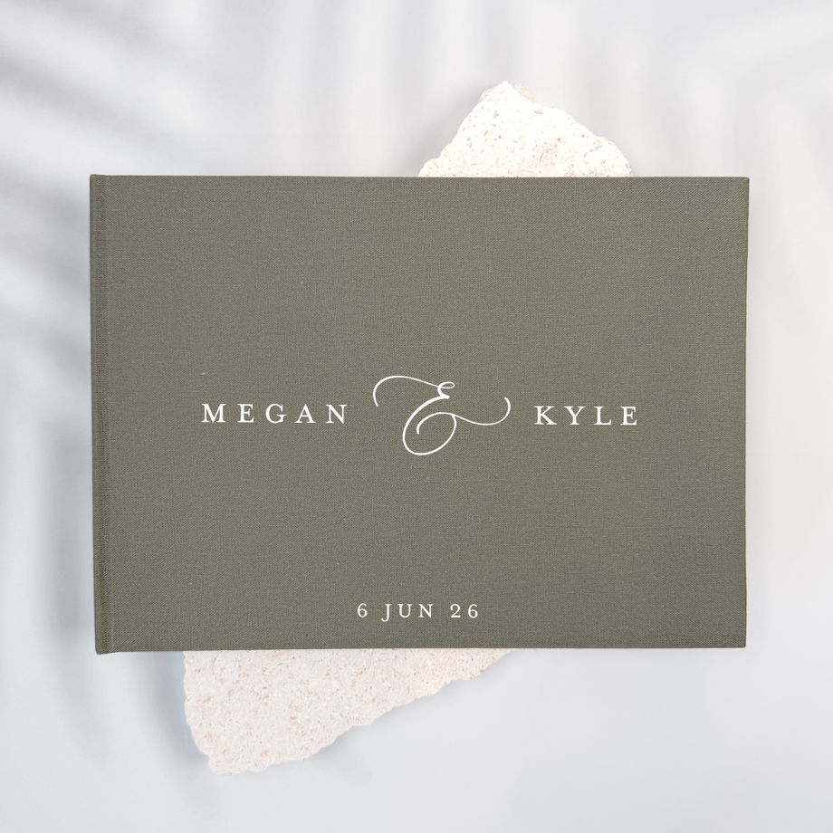 Moss green linen wedding guest book