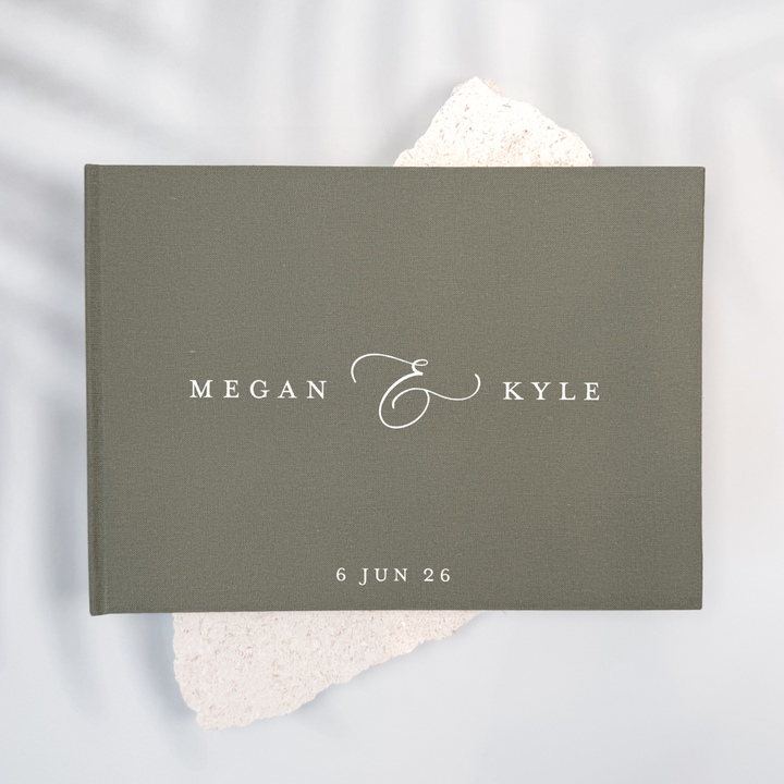 Moss green linen wedding guest book