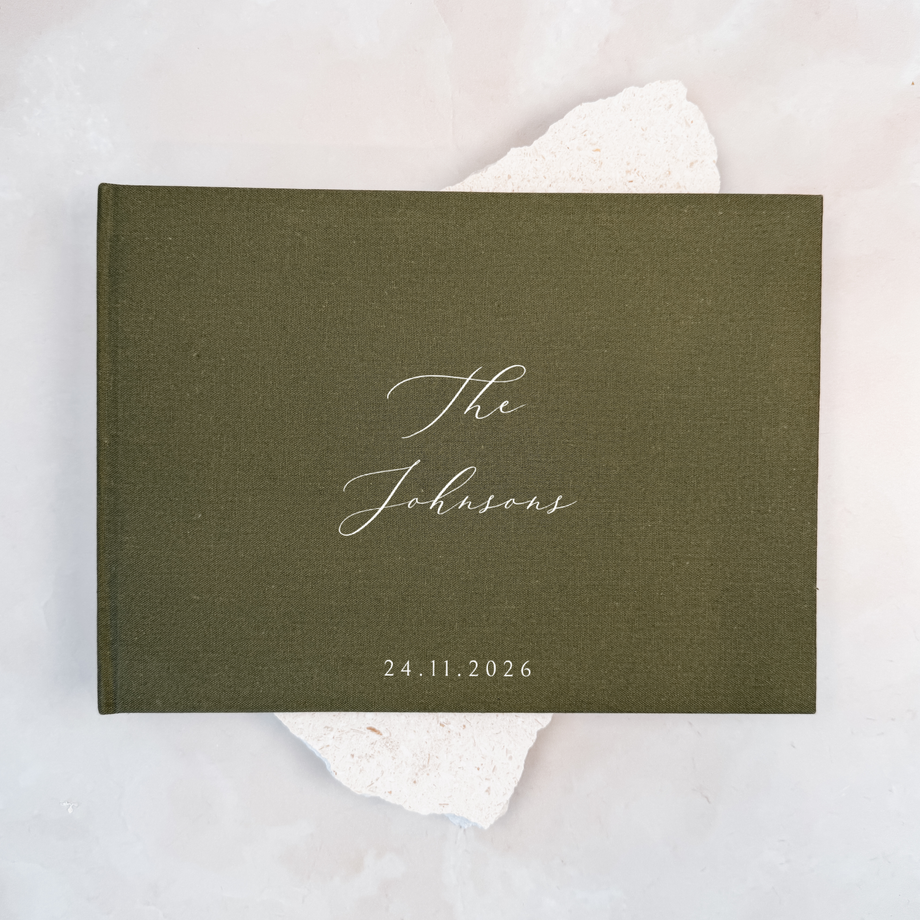 Moss green linen wedding guest book