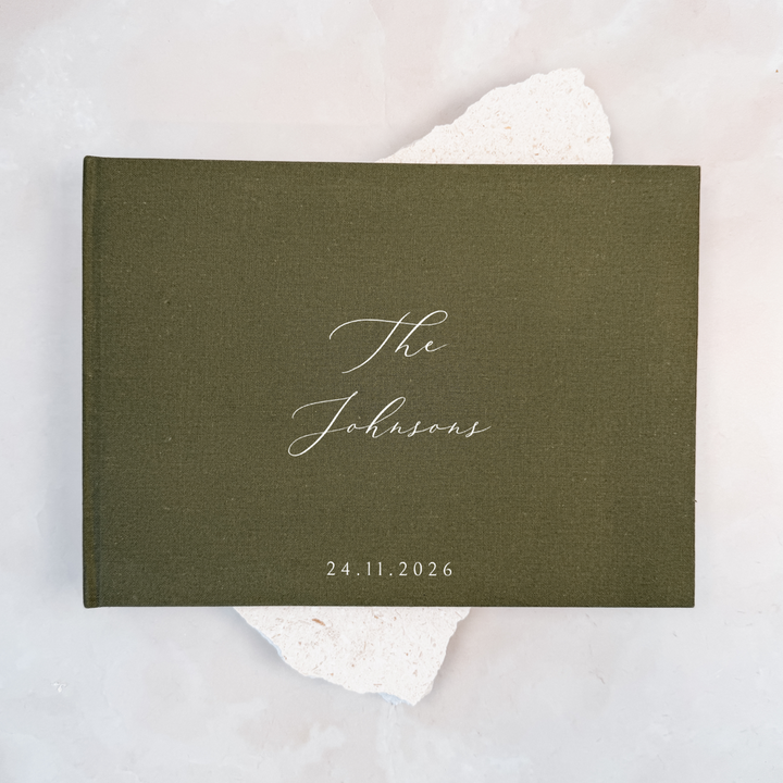 Moss green linen wedding guest book