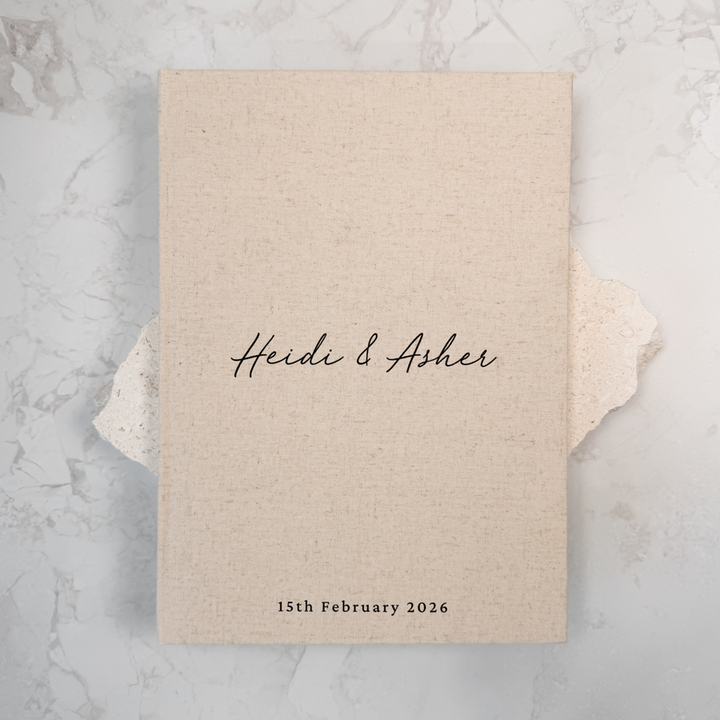Personalised wedding guest book linen cover