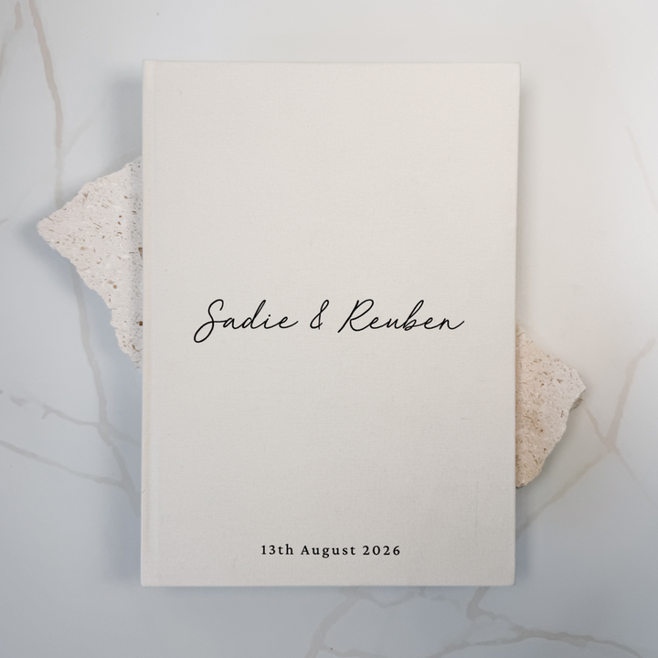 Personalised wedding guest book linen cover