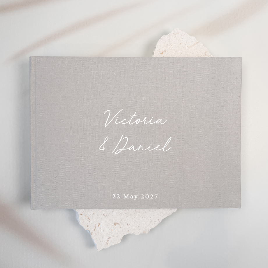 Grey linen wedding guest book