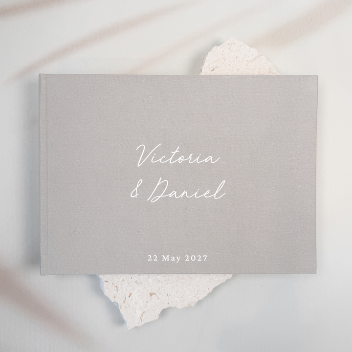 Grey linen wedding guest book