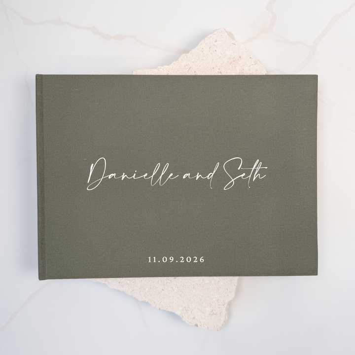 Moss green linen wedding guest book