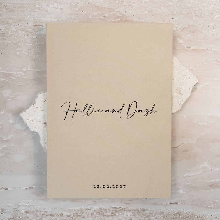 Sand linen personalised wedding guest book with script lettering, portrait format