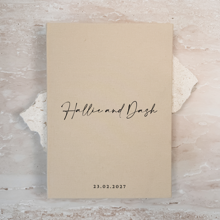 Sand linen personalised wedding guest book with script lettering, portrait format