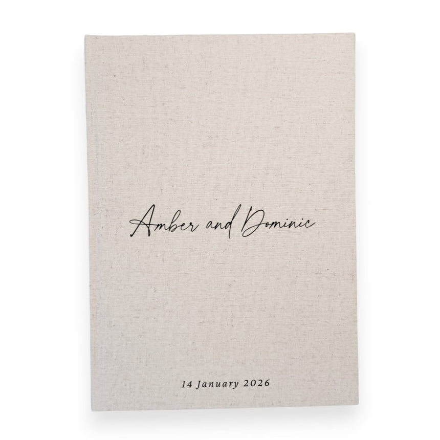 Natural linen personalised wedding guest book with script lettering, portrait format
