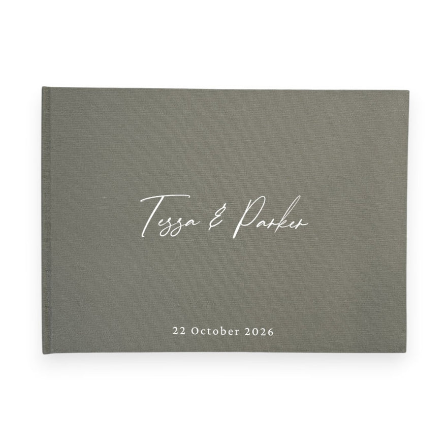 Moss green linen wedding guest book