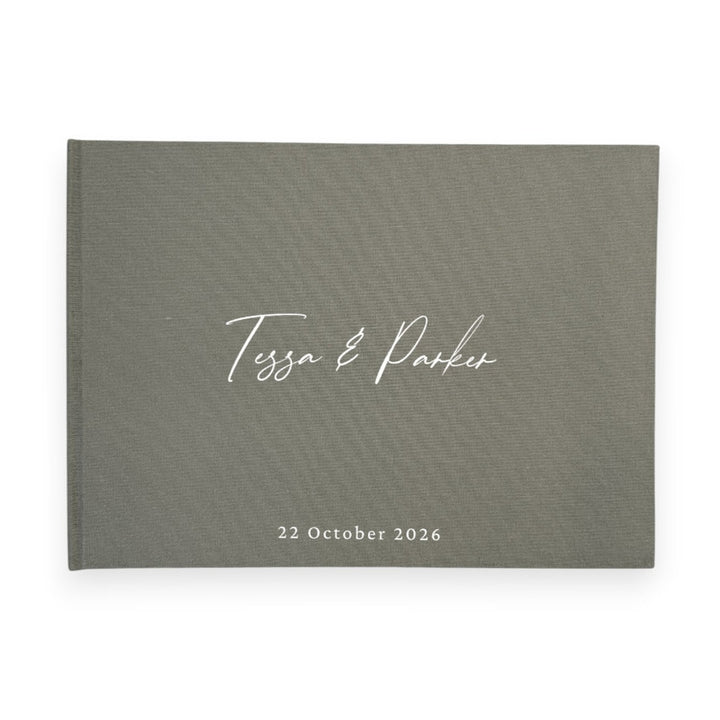 Moss green linen wedding guest book