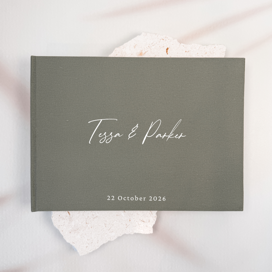 Moss green linen wedding guest book
