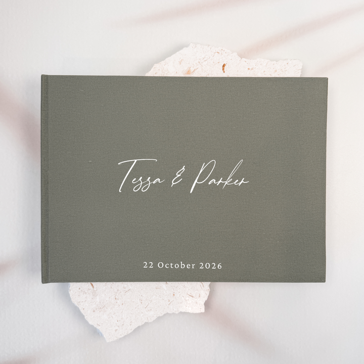 Moss green linen wedding guest book