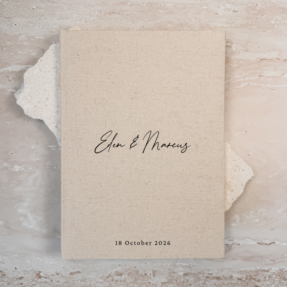 Natural linen personalised wedding guest book with script lettering, portrait format