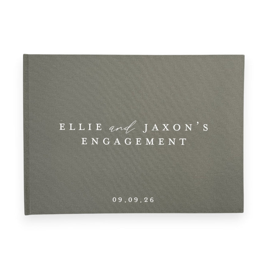 Moss green linen engagement guest book