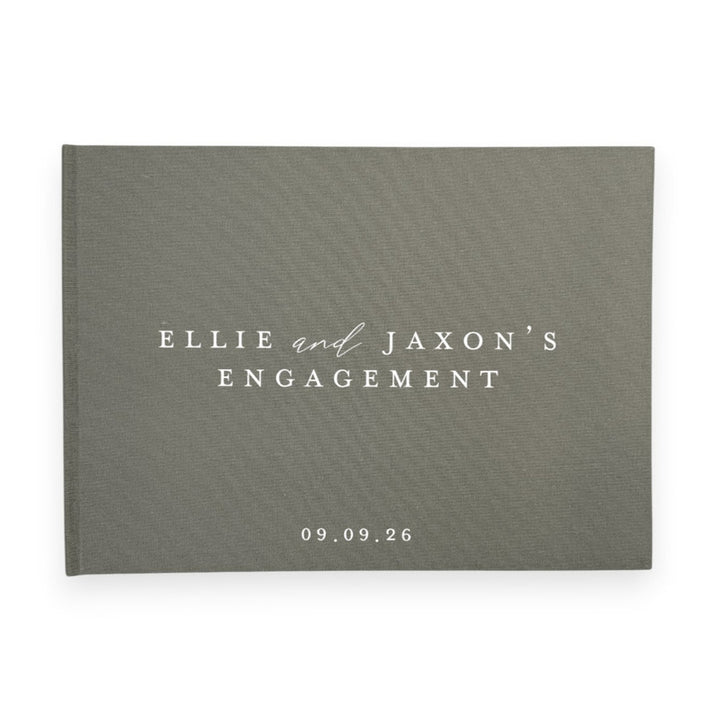 Moss green linen engagement guest book