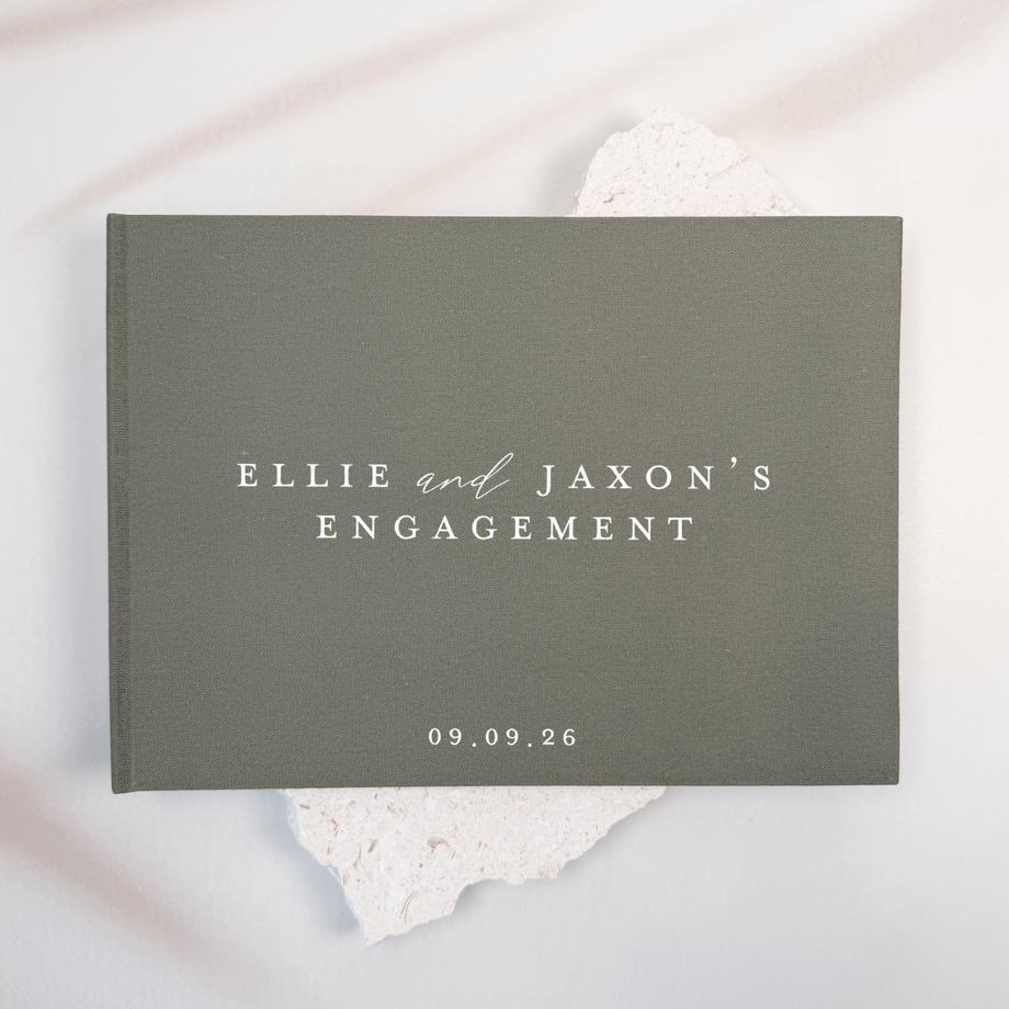 Moss green linen engagement guest book