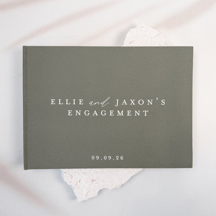 Moss green linen engagement guest book