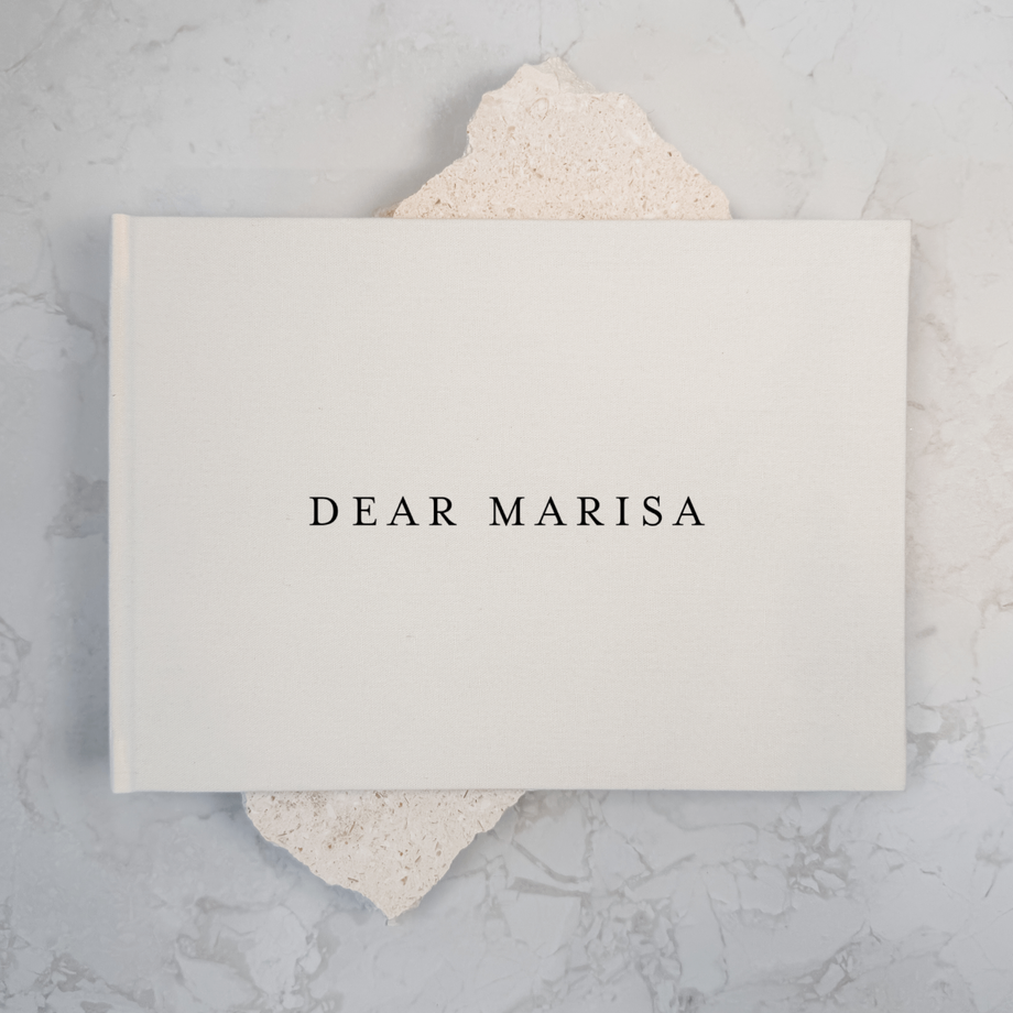 Ivory linen personalised wedding memory book, landscape format