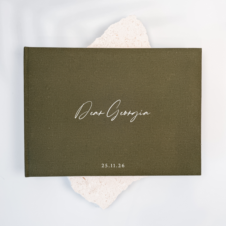 Moss green linen letters to the bride book