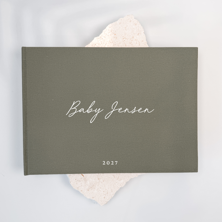 Moss green linen baby shower guest book