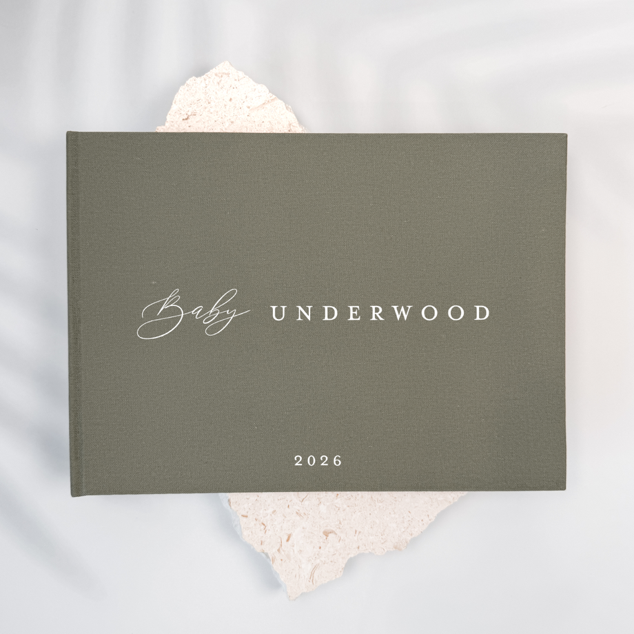 Moss green linen baby shower guest book