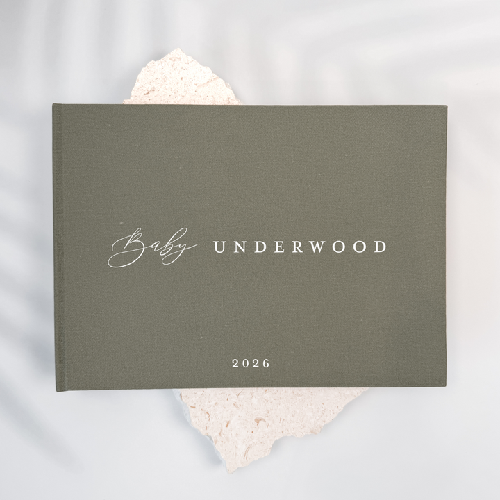 Moss green linen baby shower guest book
