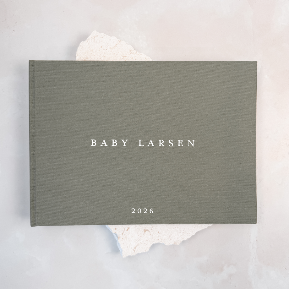 Moss green linen baby shower guest book