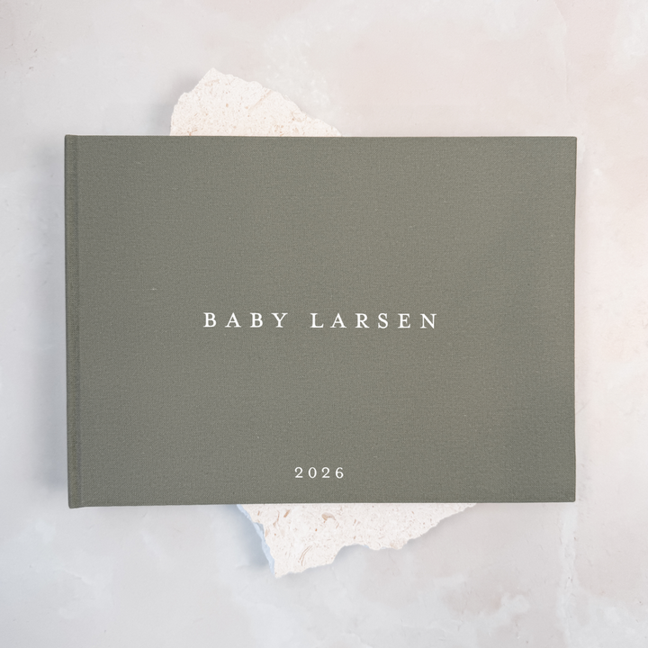 Moss green linen baby shower guest book