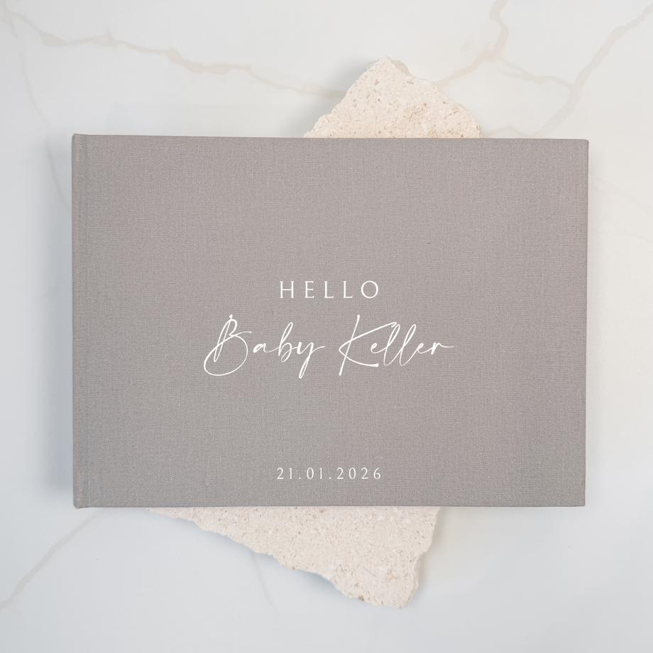 Grey linen baby shower guest book