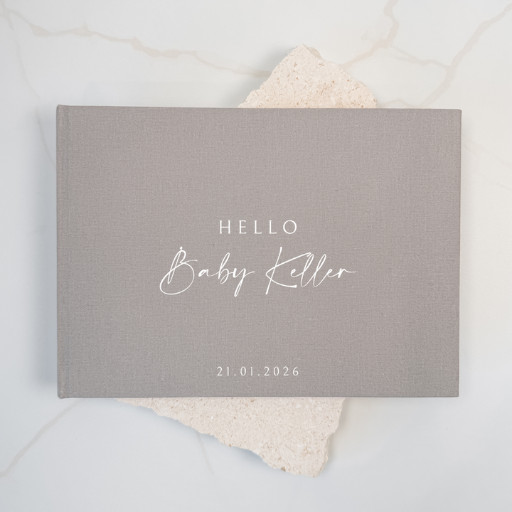 Grey linen baby shower guest book