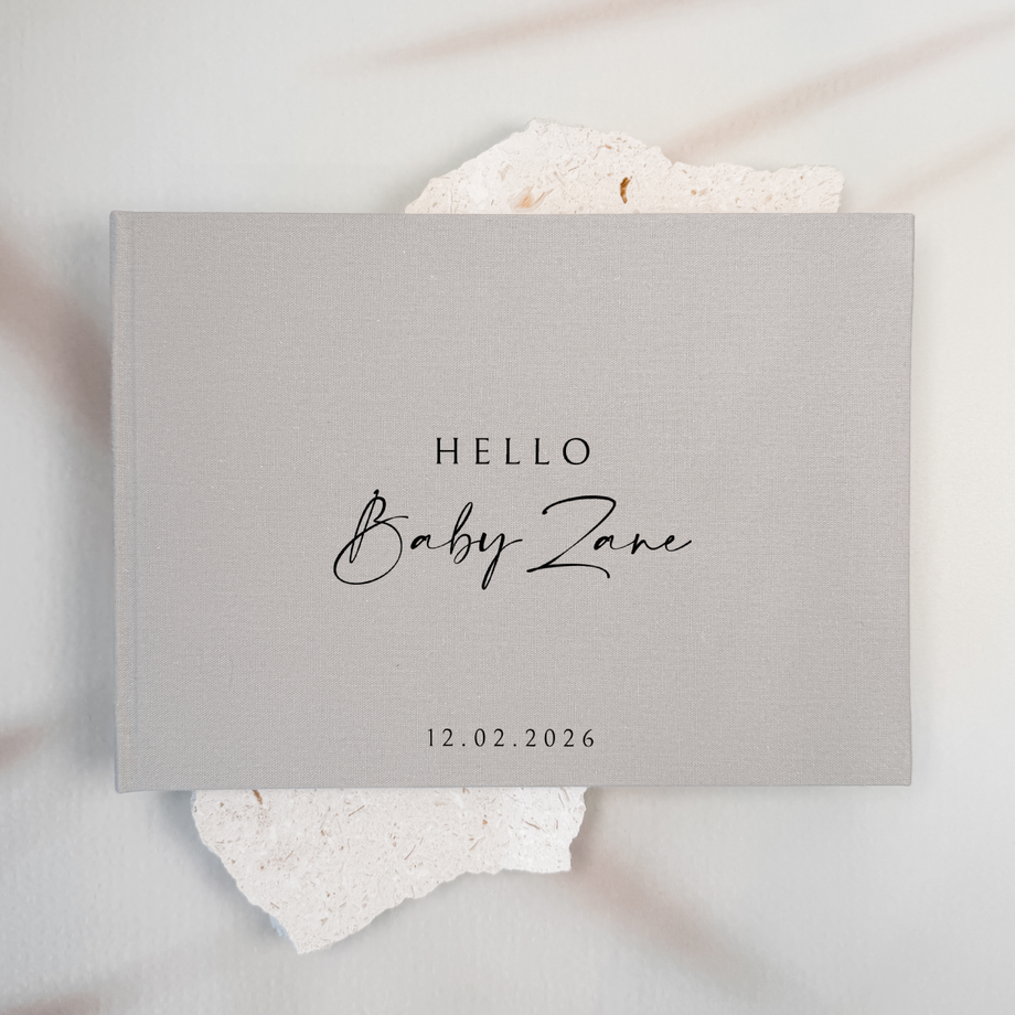 Personalised baby shower guest book linen cover