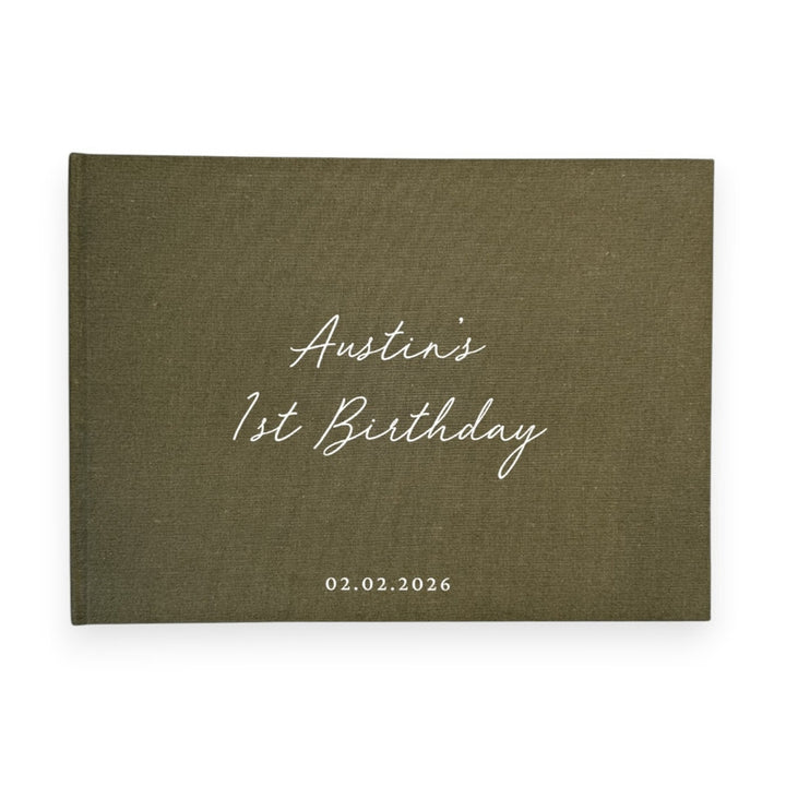 Moss green linen first birthday guest book