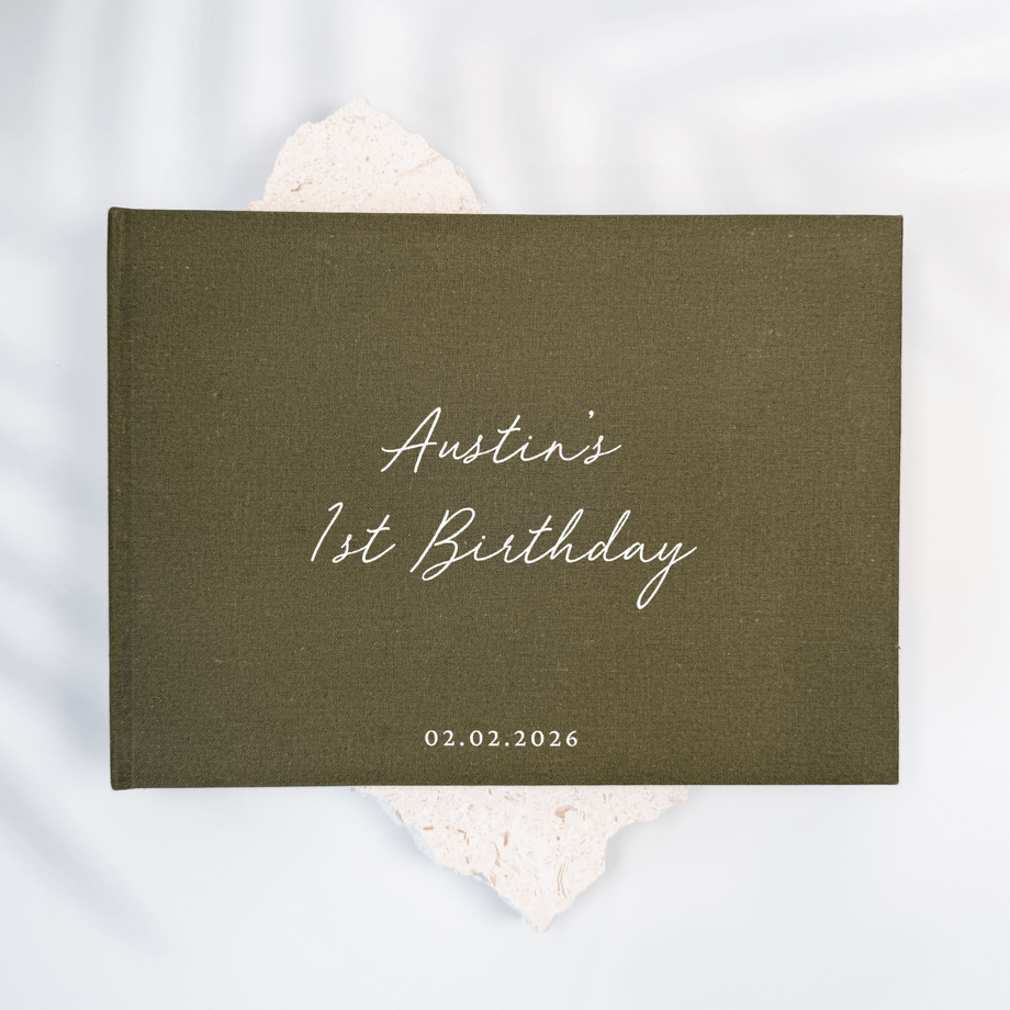 Moss green linen first birthday guest book