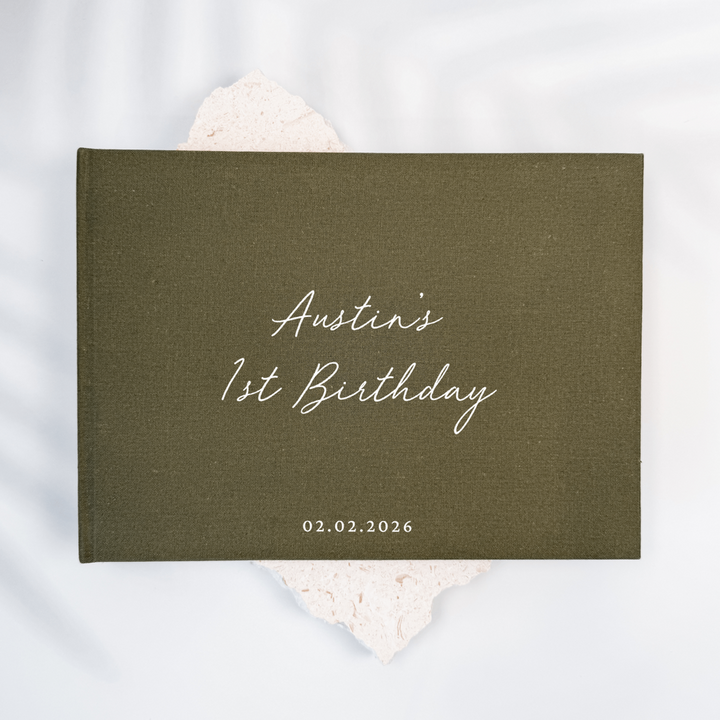 Moss green linen first birthday guest book