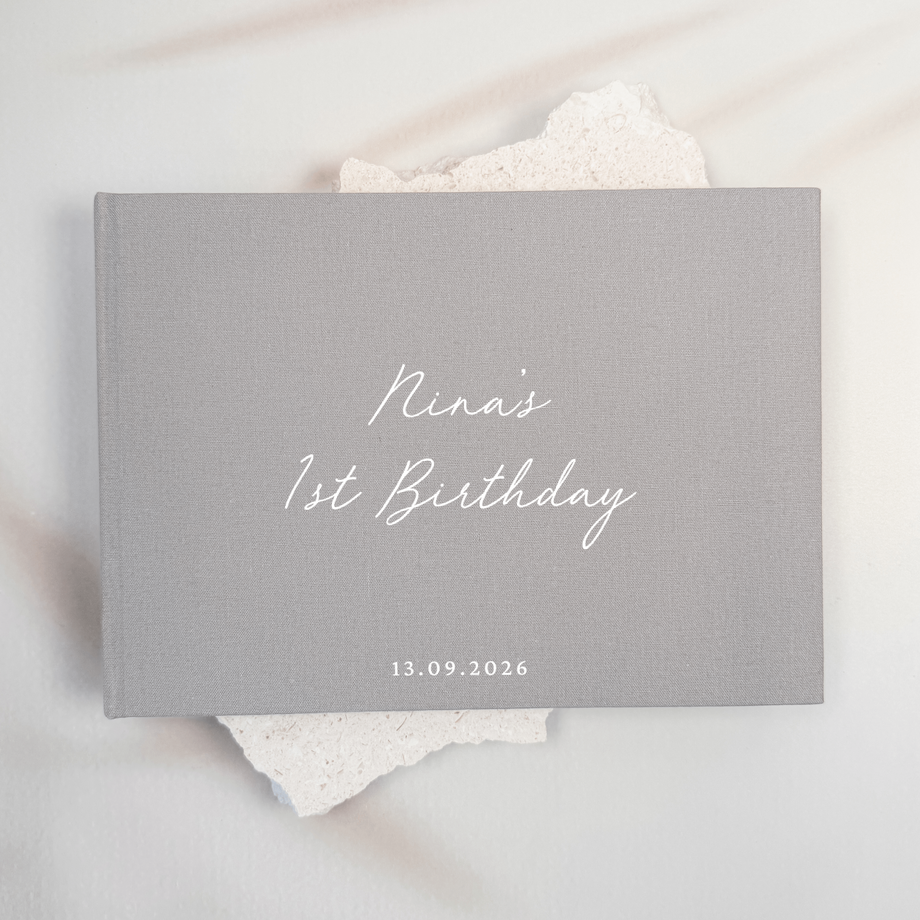 Grey linen first birthday guest book