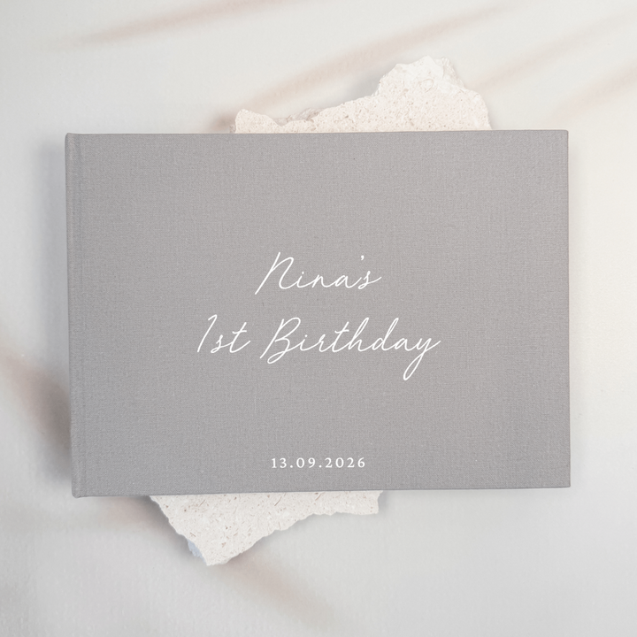 Grey linen first birthday guest book