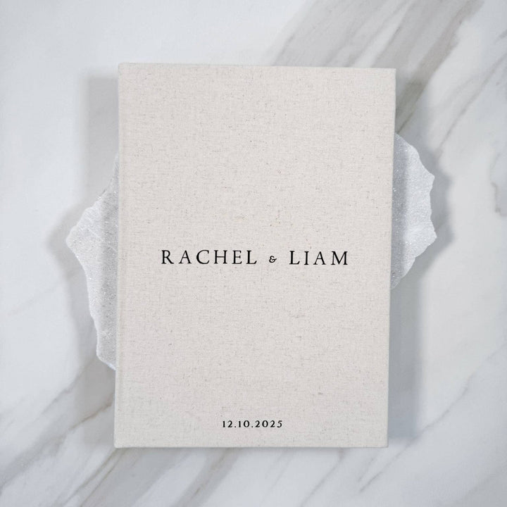 Sand Wedding Guest Book White Linen Cover