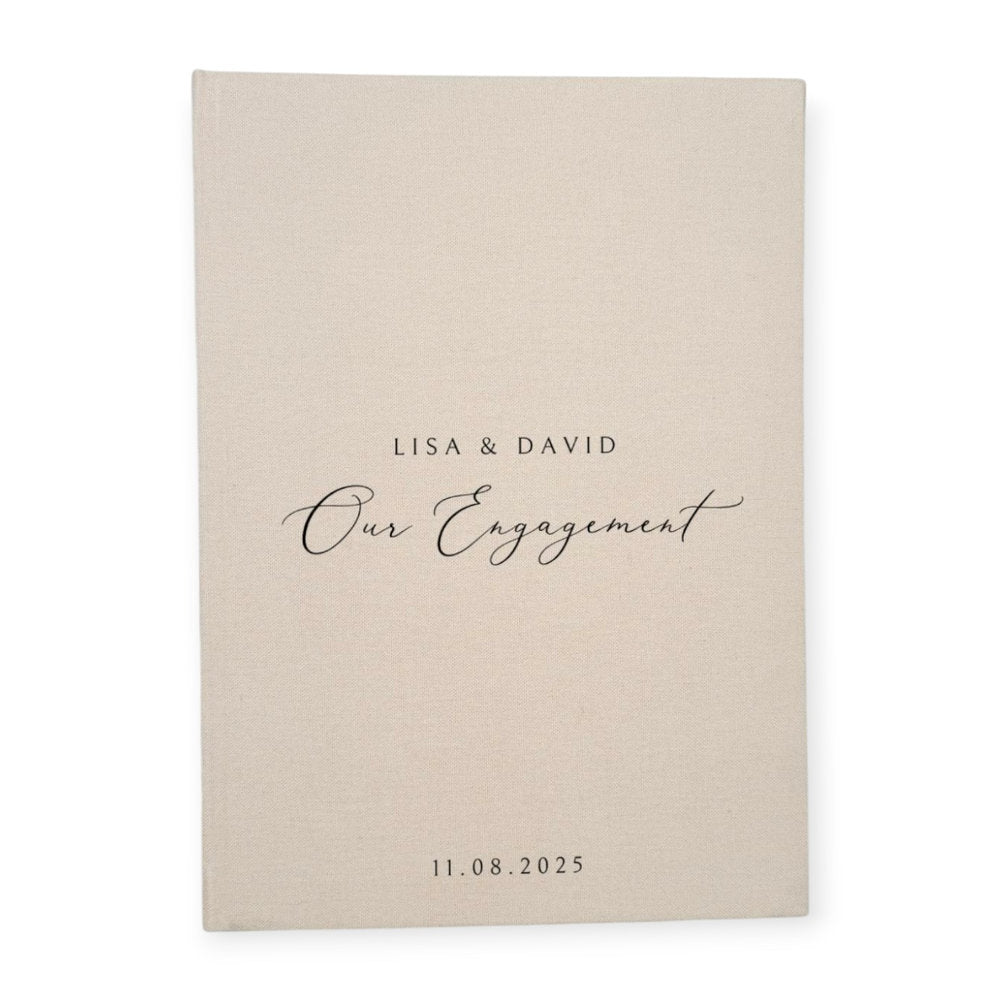 Elegant Linen Engagement Guest Book in Beige
