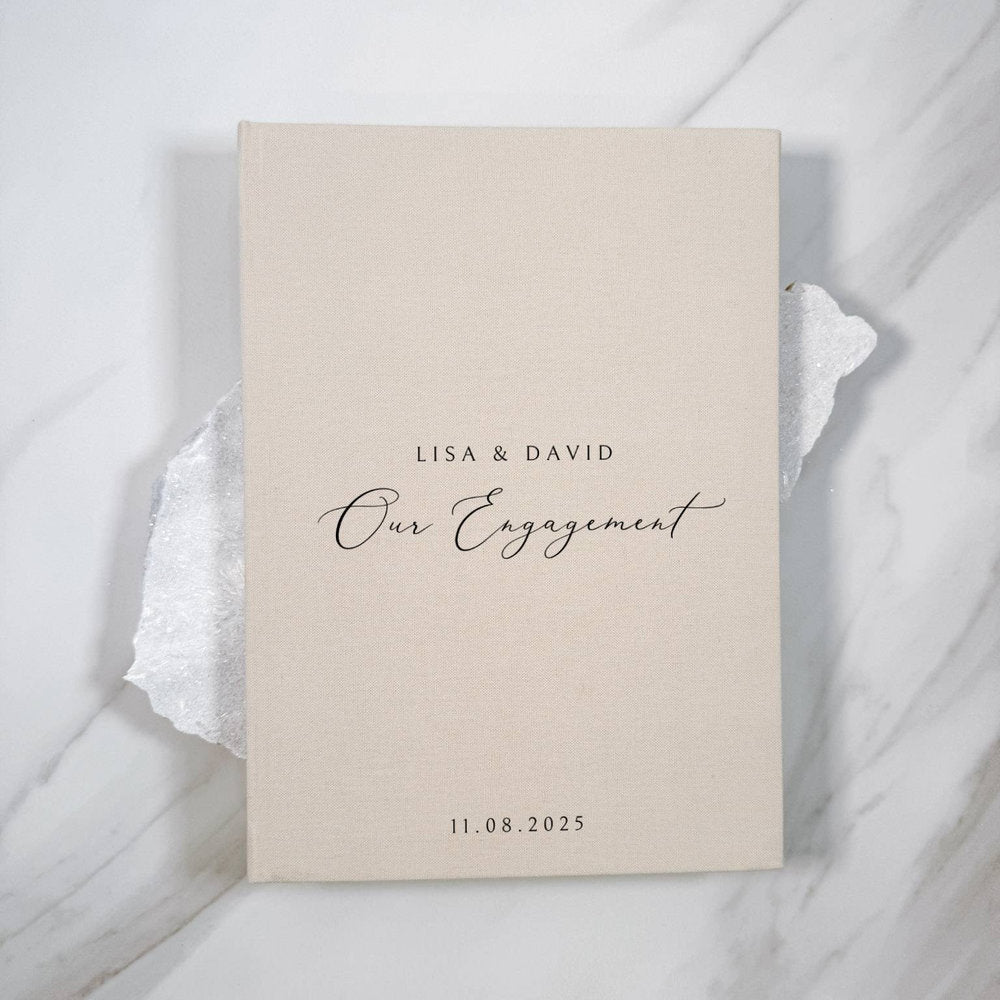 Elegant Linen Engagement Guest Book in Beige