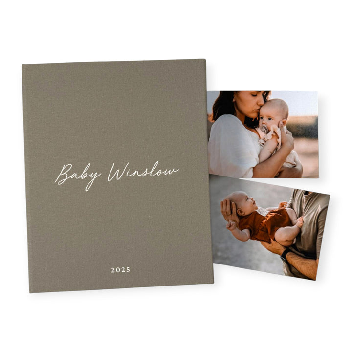 Personalised Baby Shower Photo Album Linen Cover Sage