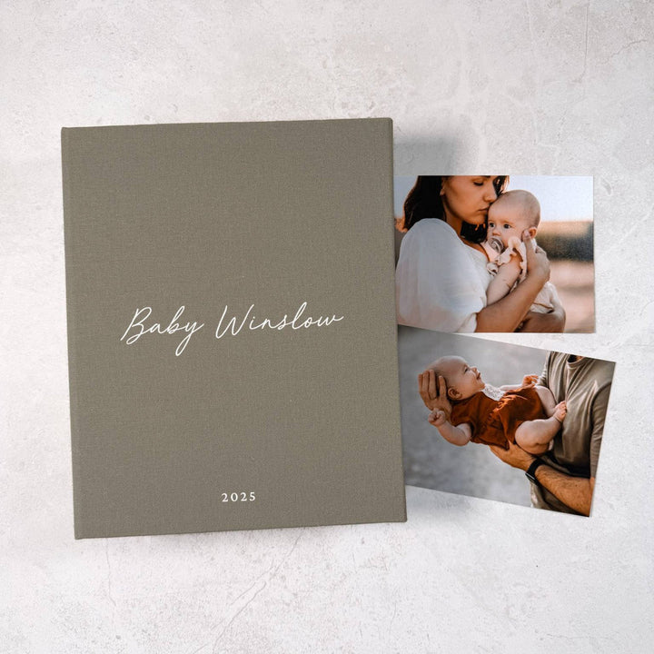 Personalised Baby Shower Photo Album Linen Cover Sage