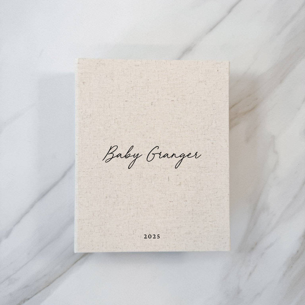 Personalised Baby Shower Photo Album Linen Cover Sand