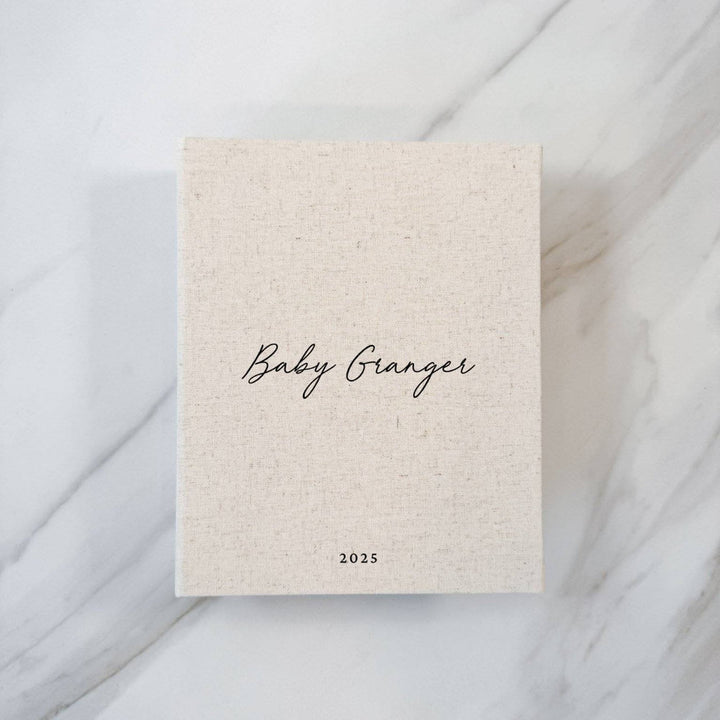 Personalised Baby Shower Photo Album Linen Cover Sand